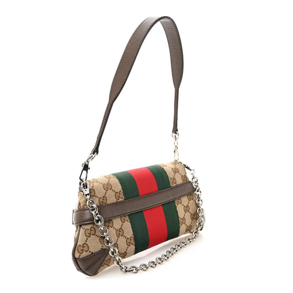 Gucci Monogram Textured Dollar Calfskin Heavy Grosgrain Web Small Maxi Horsebit Chain Shoulder Bag Beige Ebony New Acero