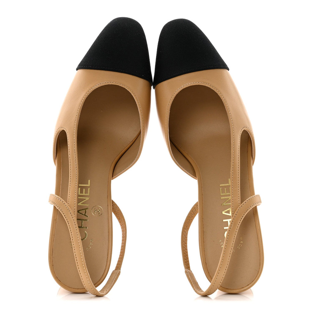 Goatskin Grosgrain Cap Toe CC Slingback Pumps 36.5 Beige Black