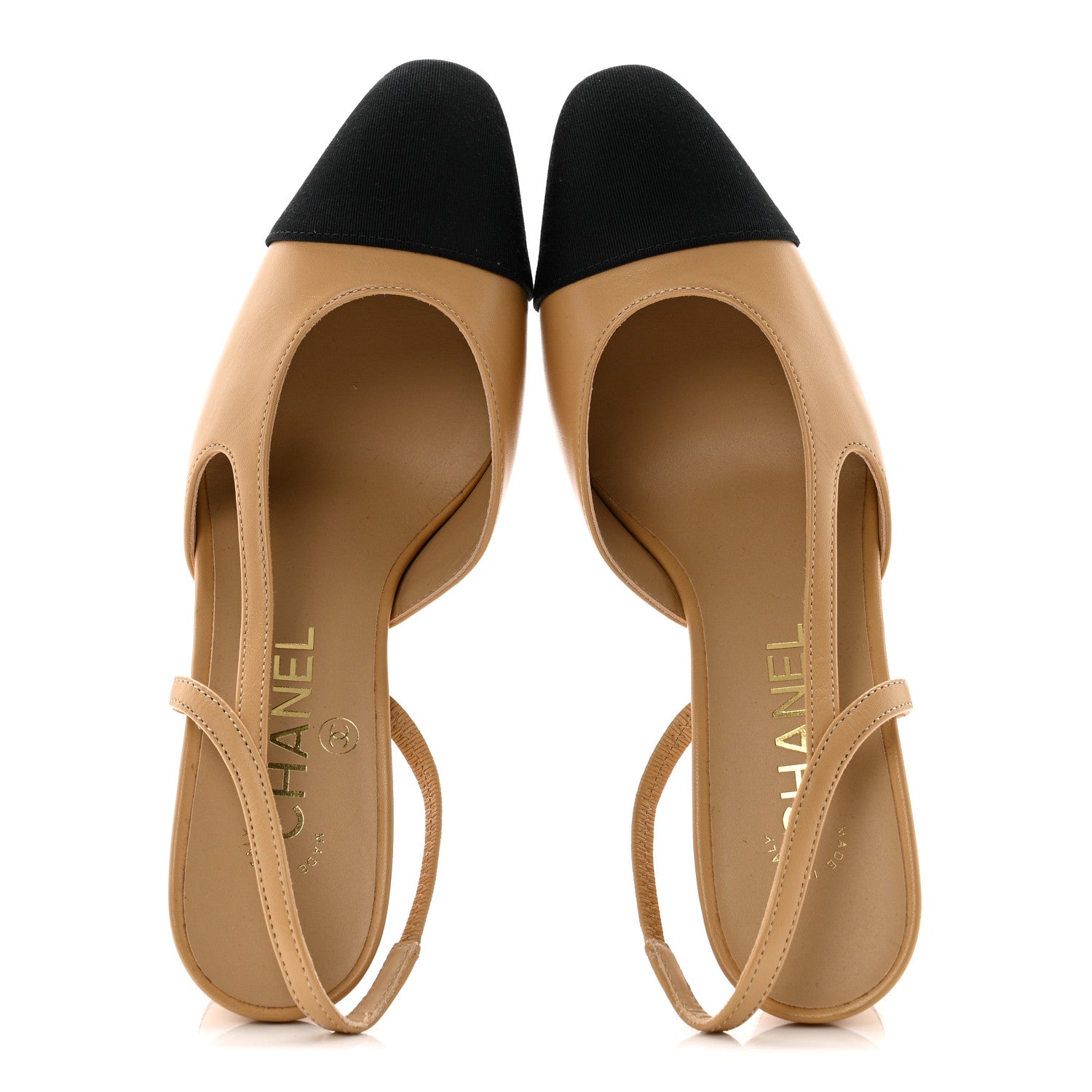 Goatskin Grosgrain Cap Toe CC Slingback Pumps 36.5 Beige Black
