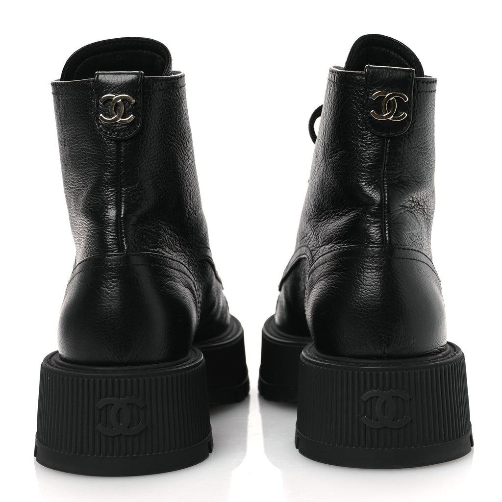 Grained Calfskin Shiny Calfskin CC Lace Up Combat Boots 38.5 Black
