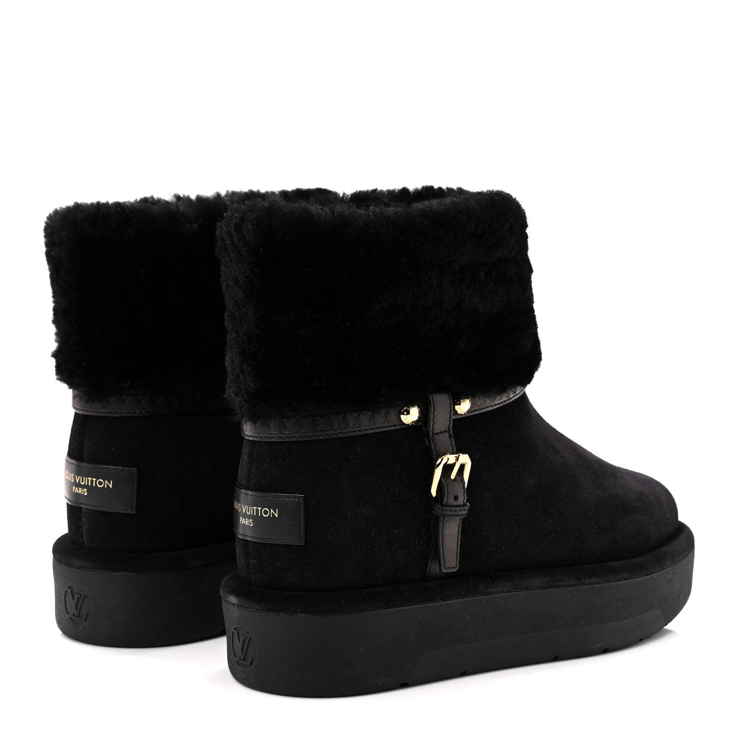 Louis Vuitton Suede Calfskin Shearling Aspen Platform Ankle Boots 37 Black
