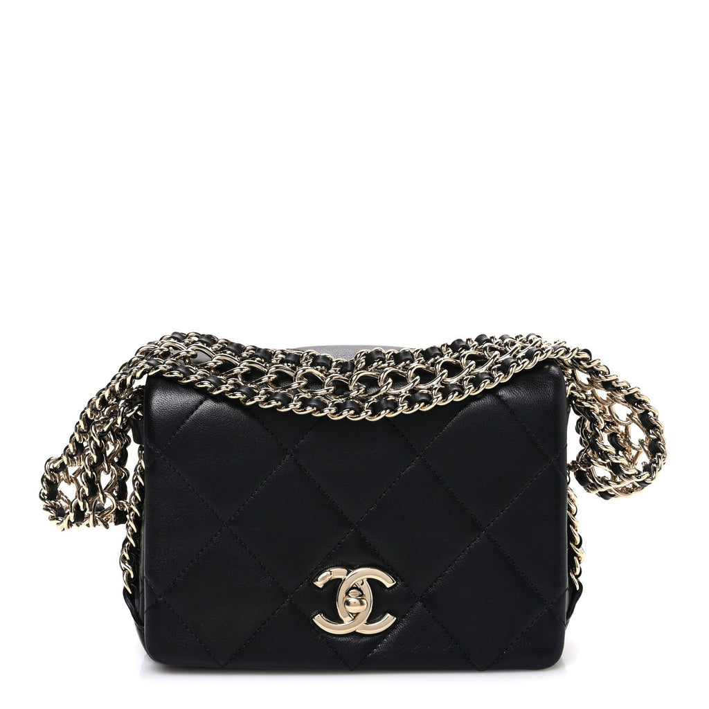 Chanel Lambskin Quilted Mini Chain Rows Flap Black