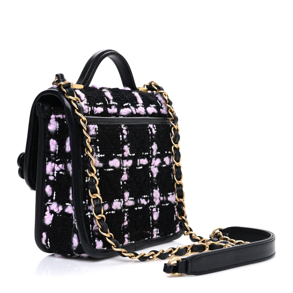 Chanel Tweed Calfskin School Memory Mini Top Handle Flap Black Pink White