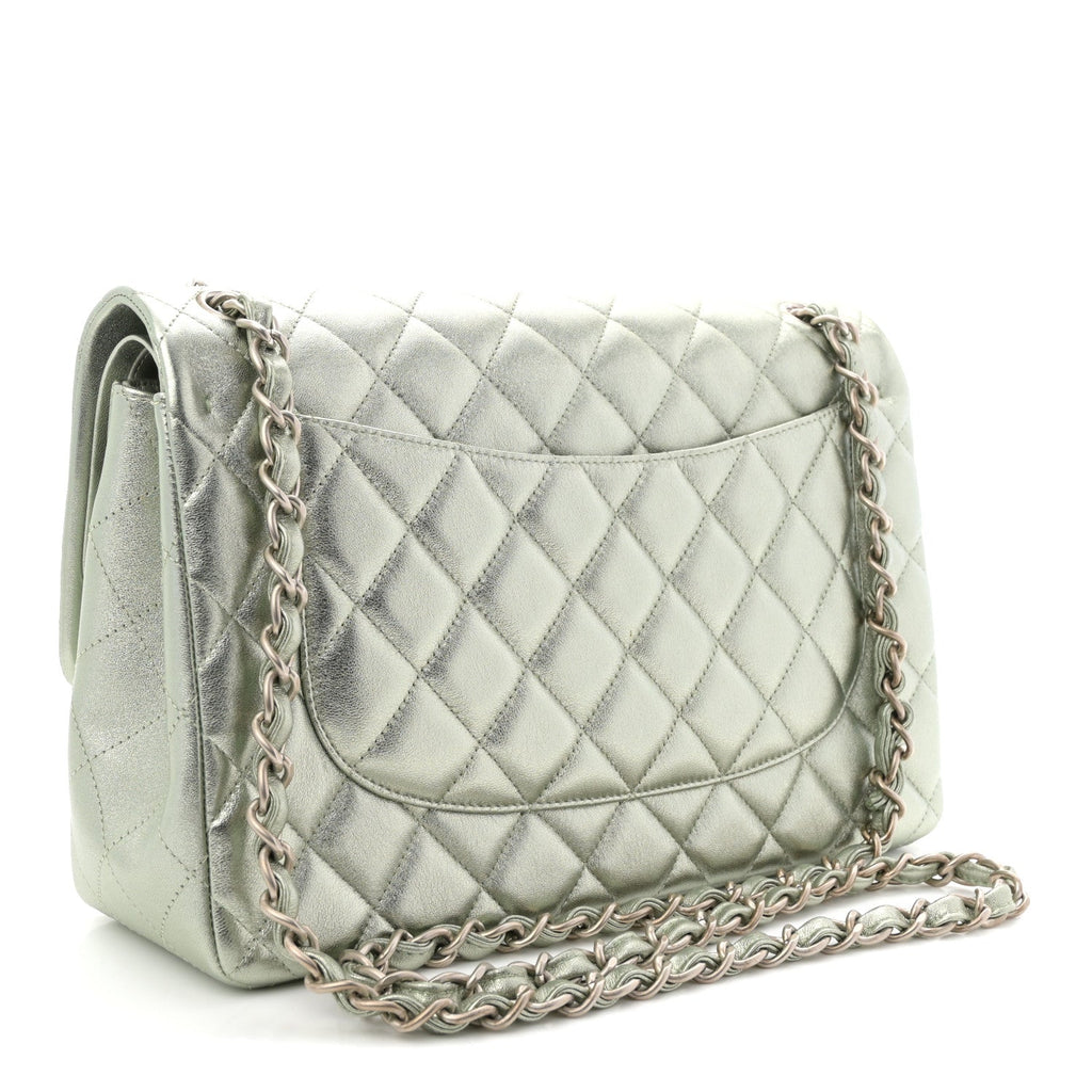 Chanel Metallic Lambskin Quilted Jumbo Double Flap Green