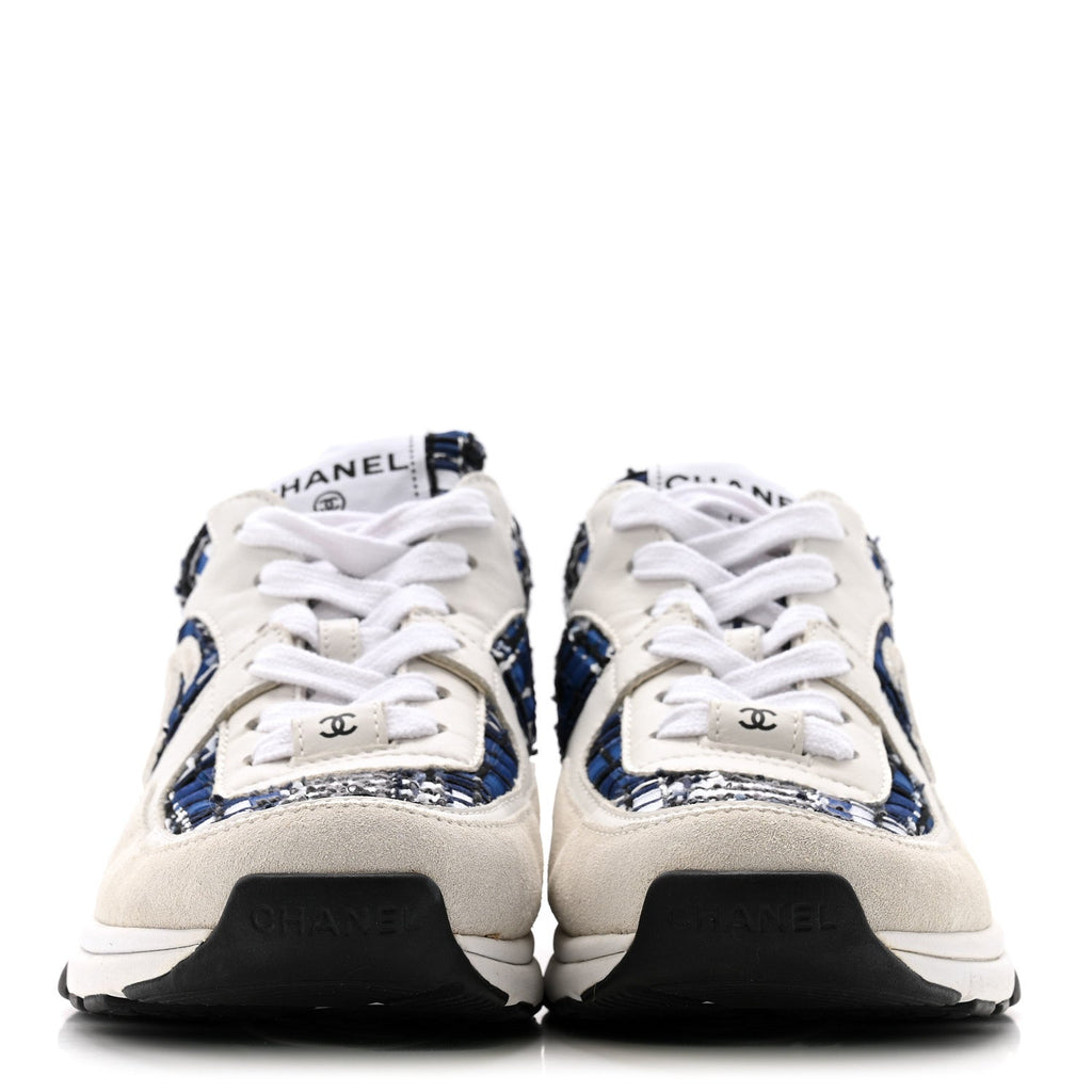 Chanel Tweed Suede Calfskin Womens CC Sneakers 38 Dark Blue Black Grey White