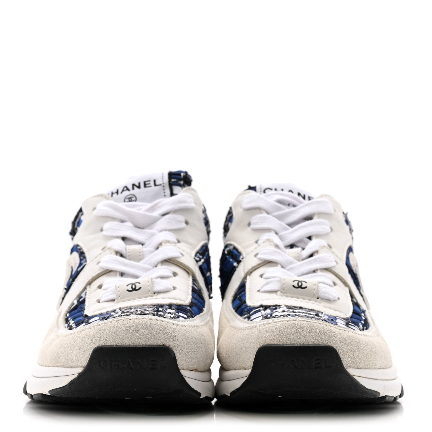 Chanel Tweed Suede Calfskin Womens CC Sneakers 38 Dark Blue Black Grey White