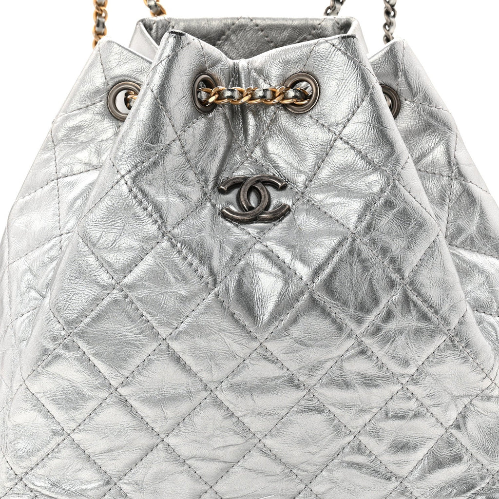 Chanel Metallic Crumpled Calfskin Quilted Small Gabrielle Backpack Silver