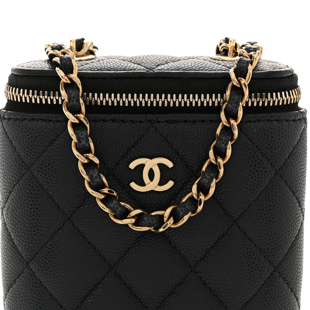 Chanel Caviar Quilted Small Vertical Coco Beauty Vanity Case With Chain Black