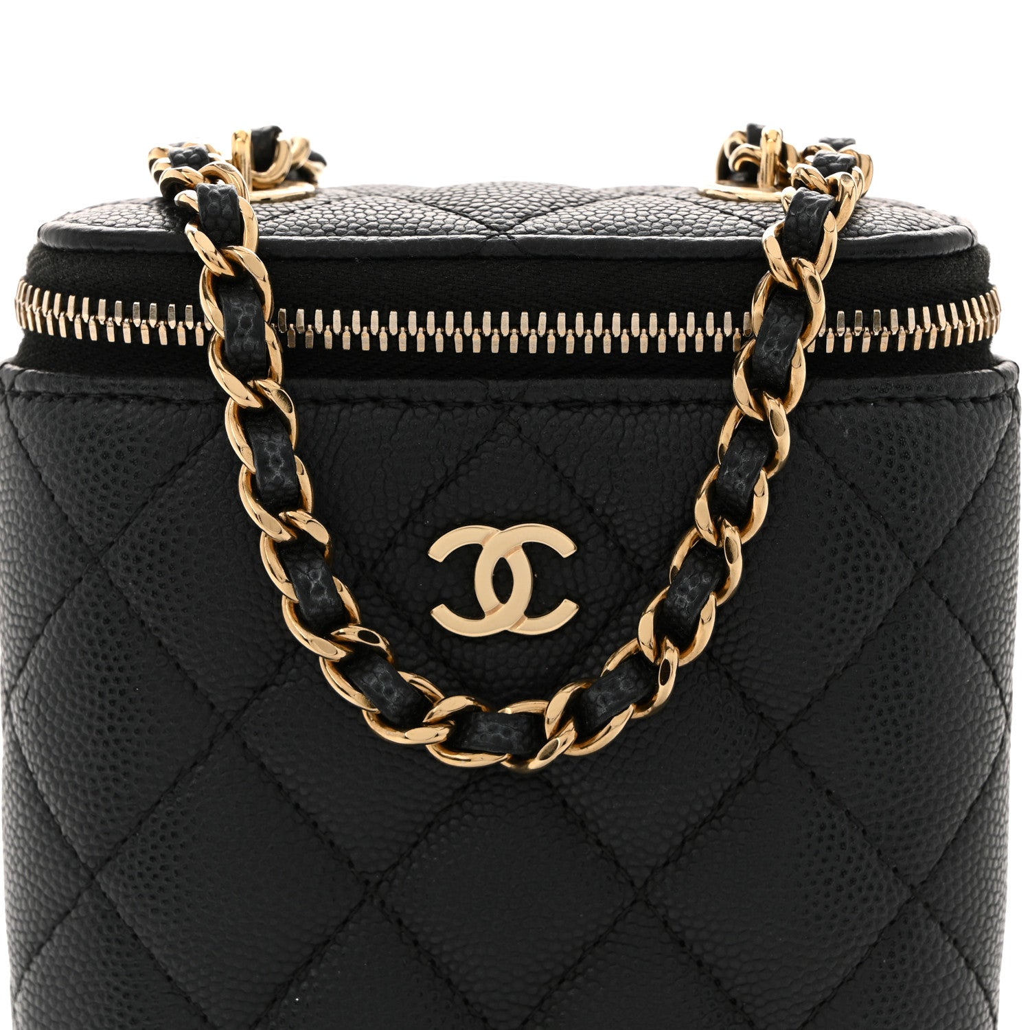 Chanel Caviar Quilted Small Vertical Coco Beauty Vanity Case With Chain Black
