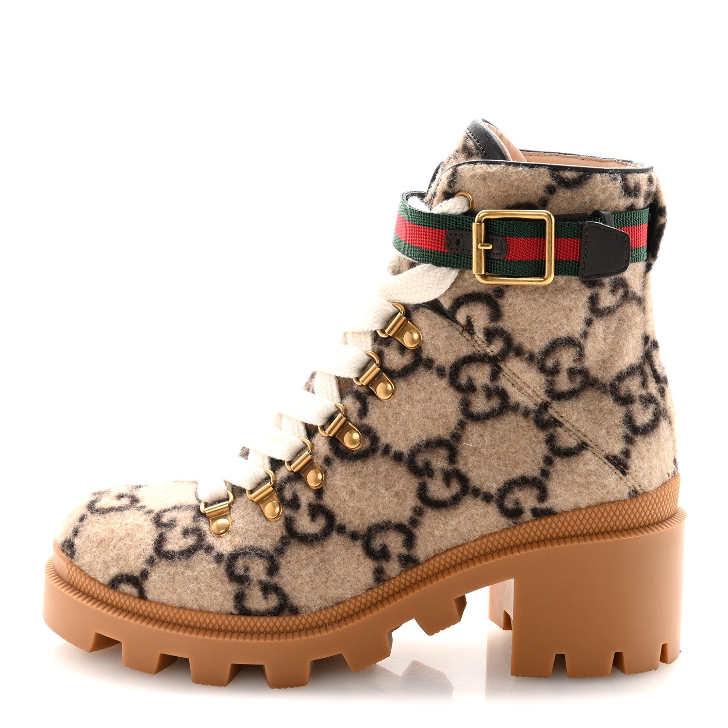 Gucci Covered Wool Big GG Monogram Womens Lace Up Combat Ankle Boots 36 Beige Ebony Cocoa