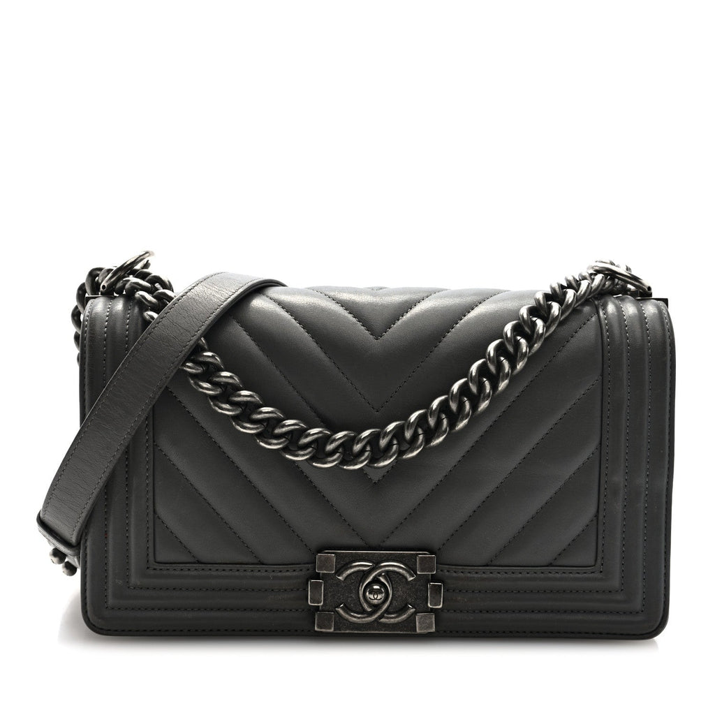 Chanel Lambskin Chevron Quilted Medium Boy Flap Grey