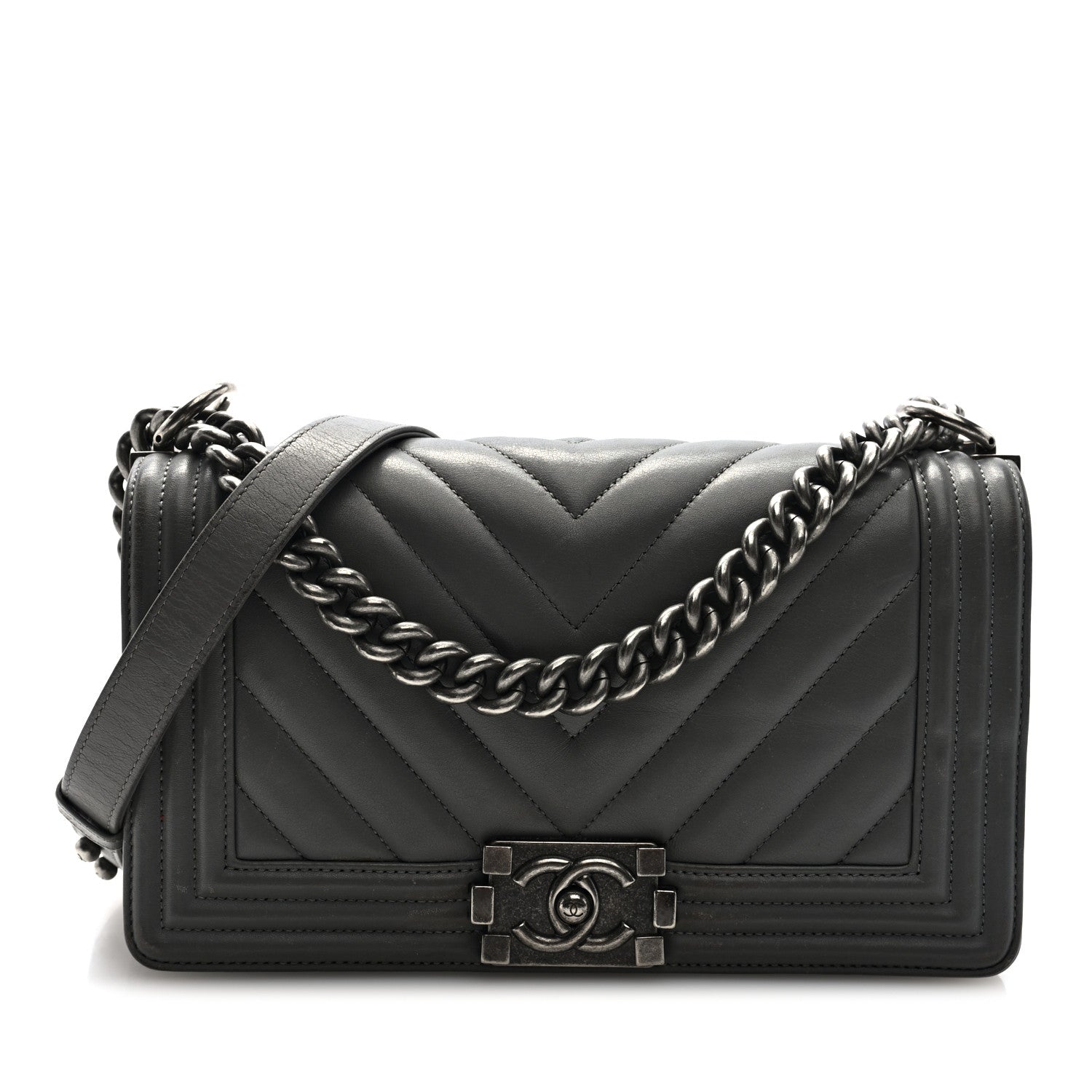 Chanel Lambskin Chevron Quilted Medium Boy Flap Grey