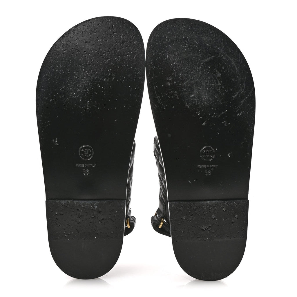 Lambskin Velcro CC Pearl Bow Dad Sandals 38 Black