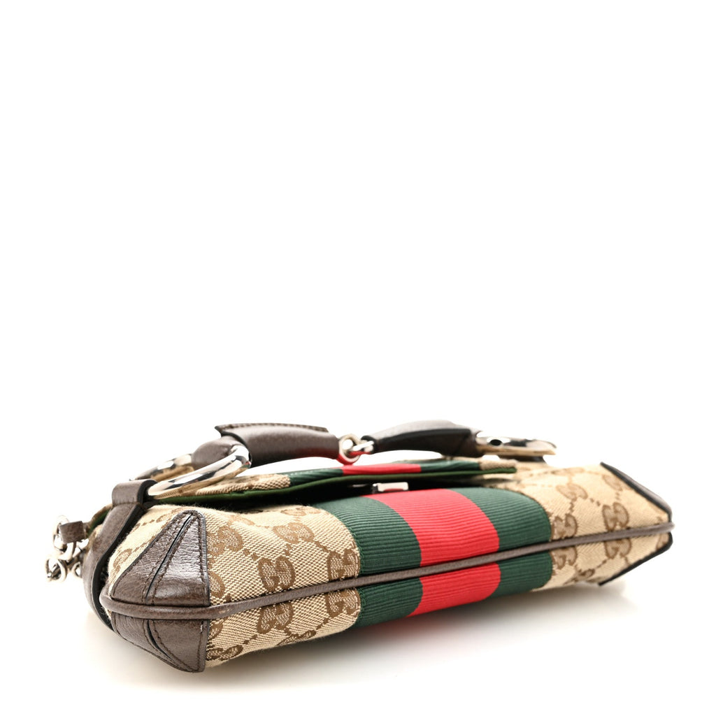 Gucci Monogram Textured Dollar Calfskin Heavy Grosgrain Web Small Maxi Horsebit Chain Shoulder Bag Beige Ebony New Acero