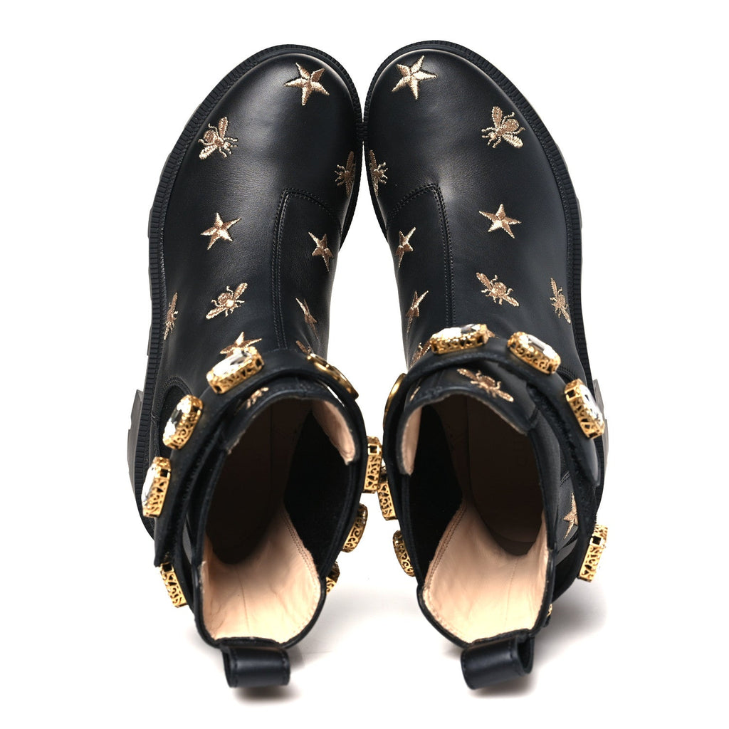 Gucci Calfskin Bee Star Embroidered Belt Ankle Boots 36.5 Black