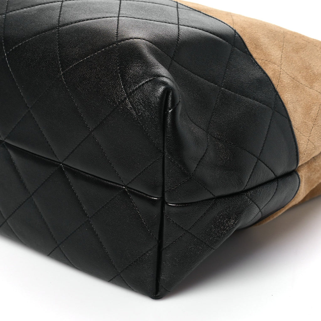 Chanel Suede Shiny Lambskin Quilted Large Shopping Bag Beige Black