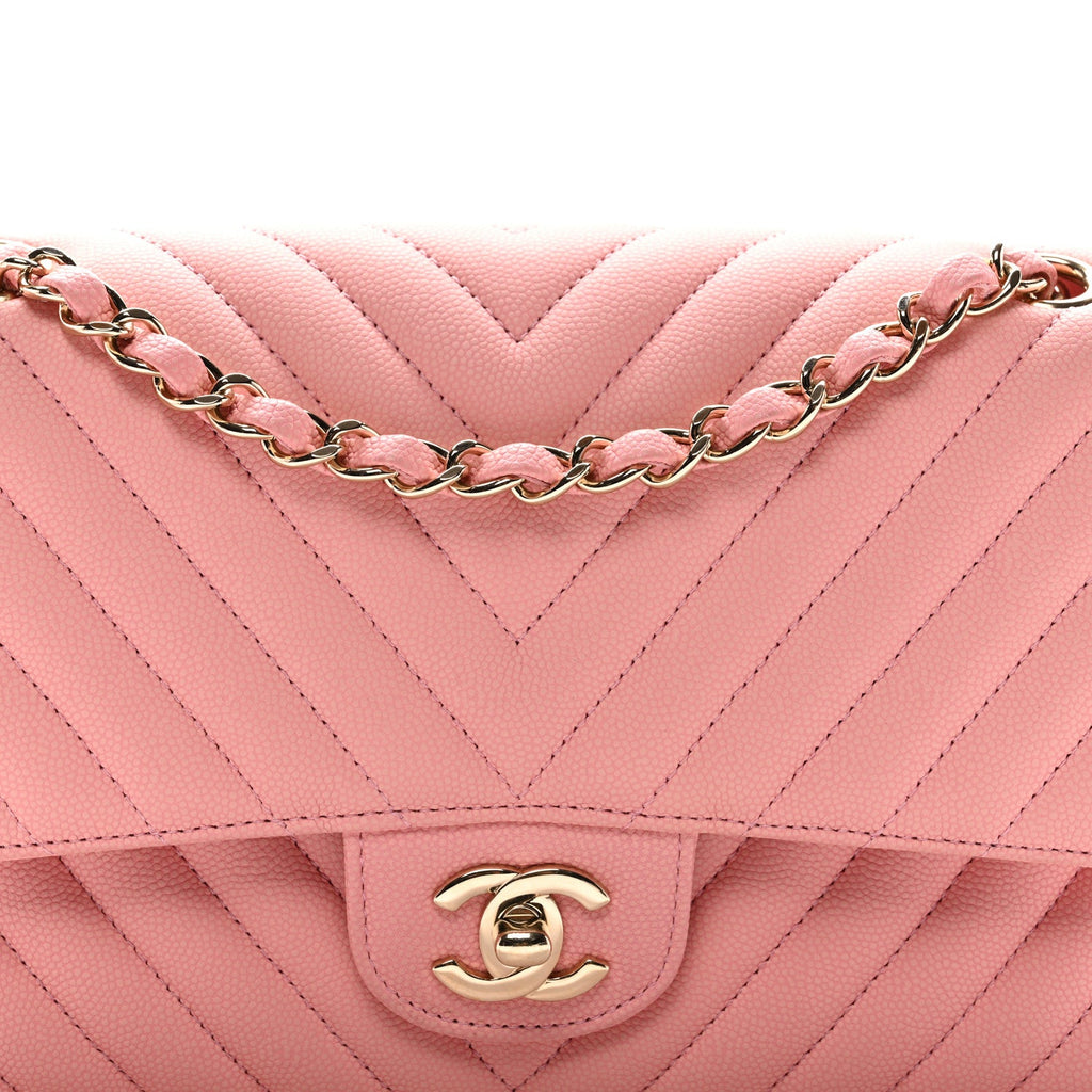 Chanel Caviar Flat Chevron Quilted Medium Double Flap Pink