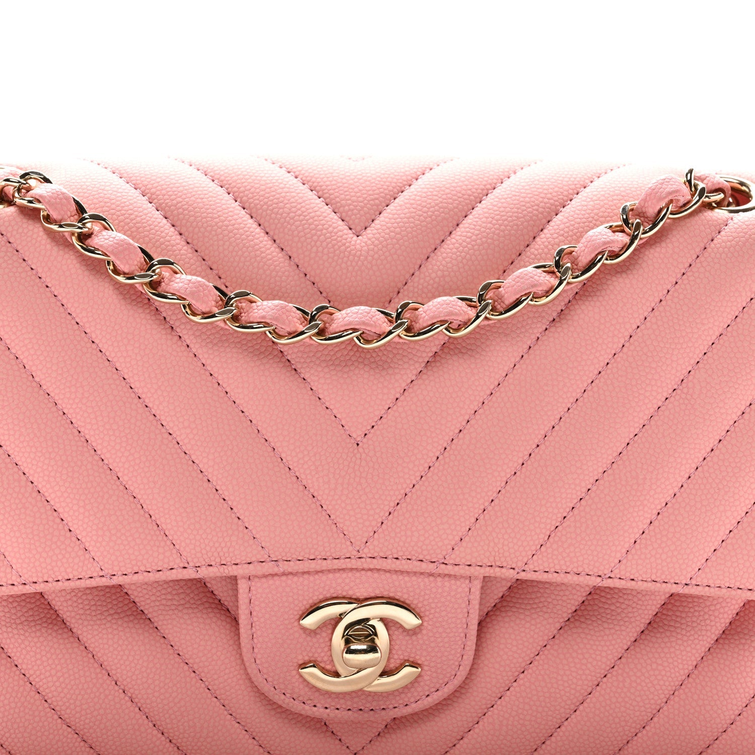 Chanel Caviar Flat Chevron Quilted Medium Double Flap Pink