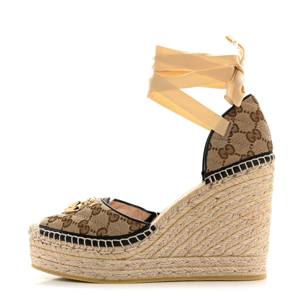 Gucci Monogram Matelasse GG Marmont Ankle Wrap Platform 35/120mm Espadrille Wedges 39.5 Beige Ebony Black Sand Storm