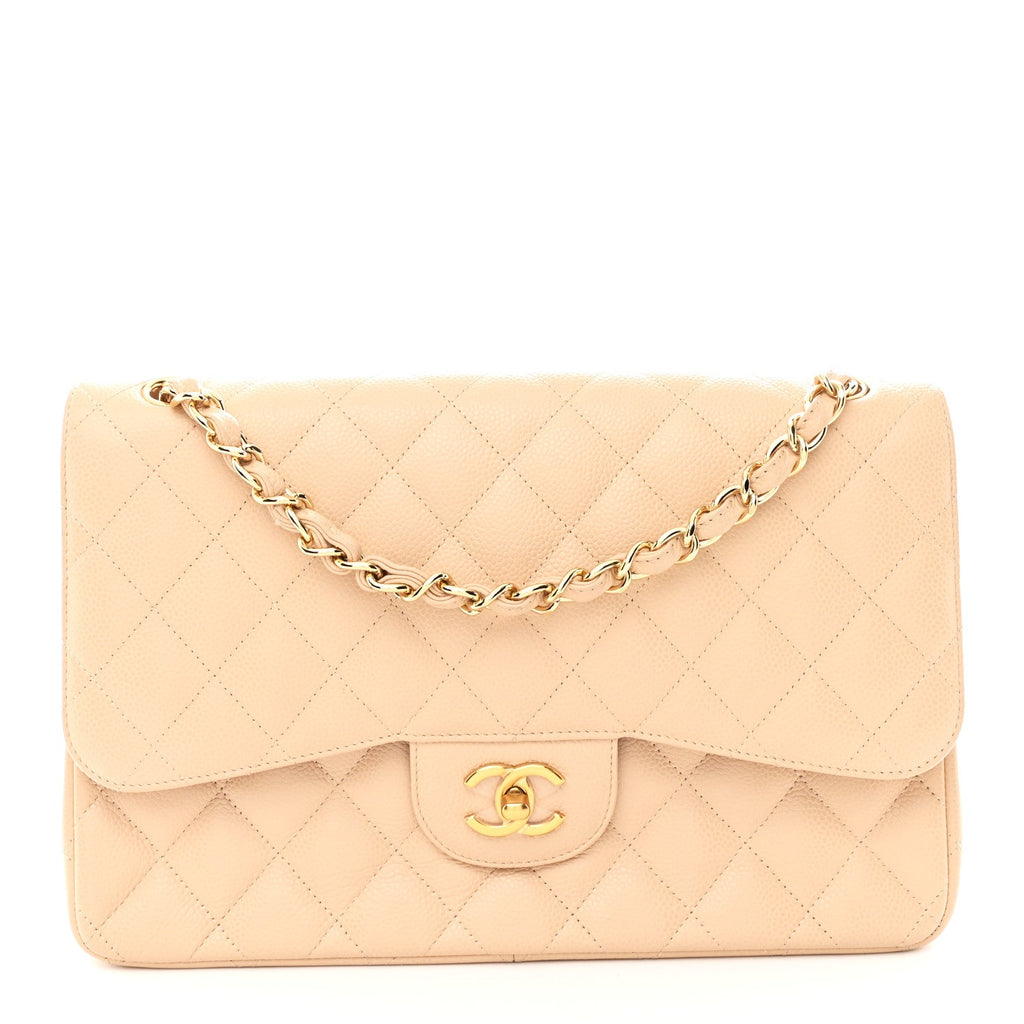 Chanel Caviar Quilted Jumbo Double Flap Beige