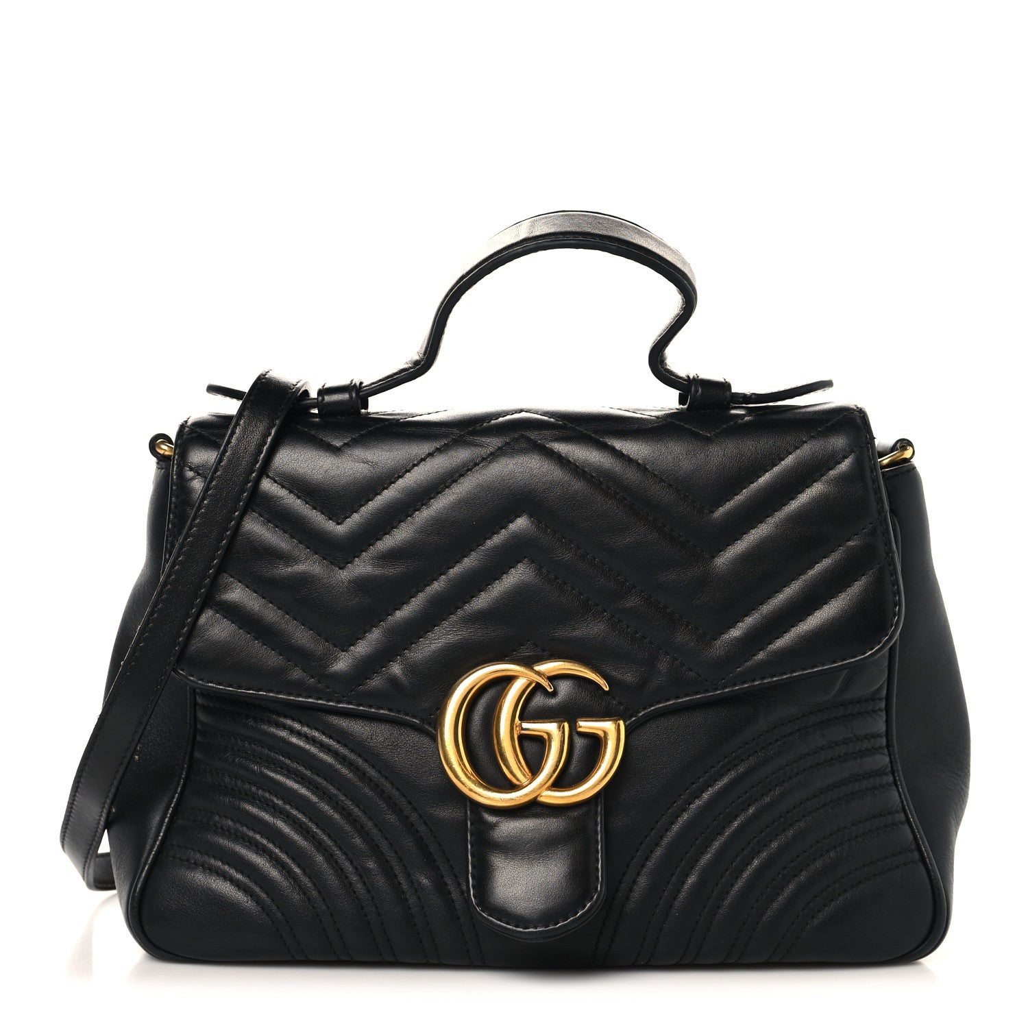 Gucci Calfskin Matelasse Small GG Marmont Top Handle Shoulder Bag Black