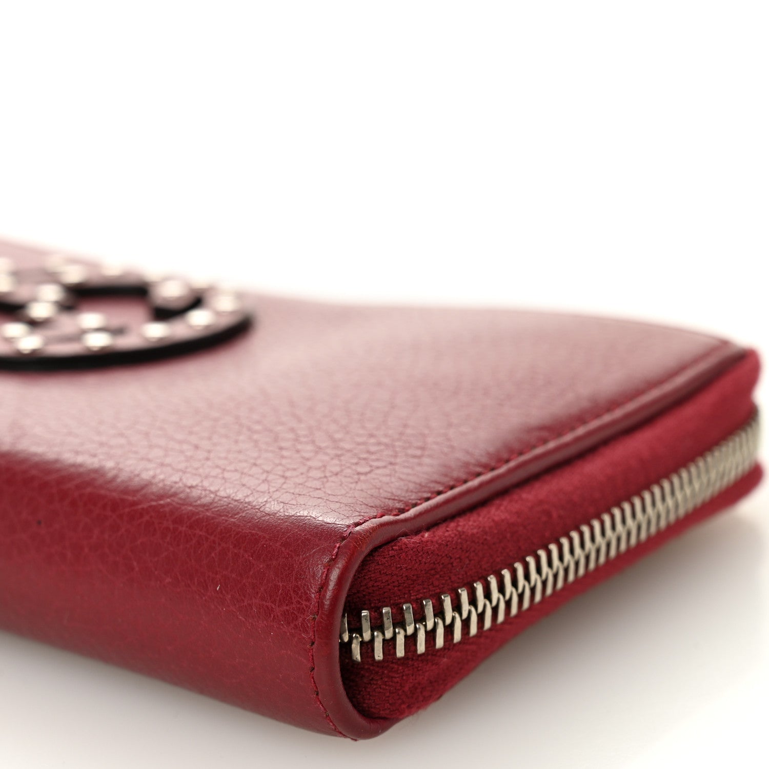 Gucci Pebbled Calfskin Studded Soho Zip Around Wallet Soft Burgundy