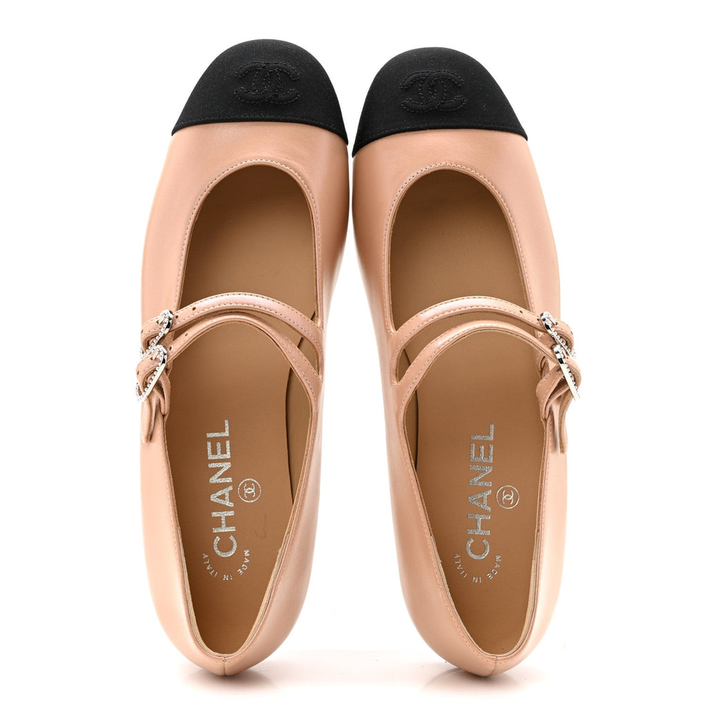 Lambskin Grosgrain Pearl Mary Jane Flats 38.5 Beige Black