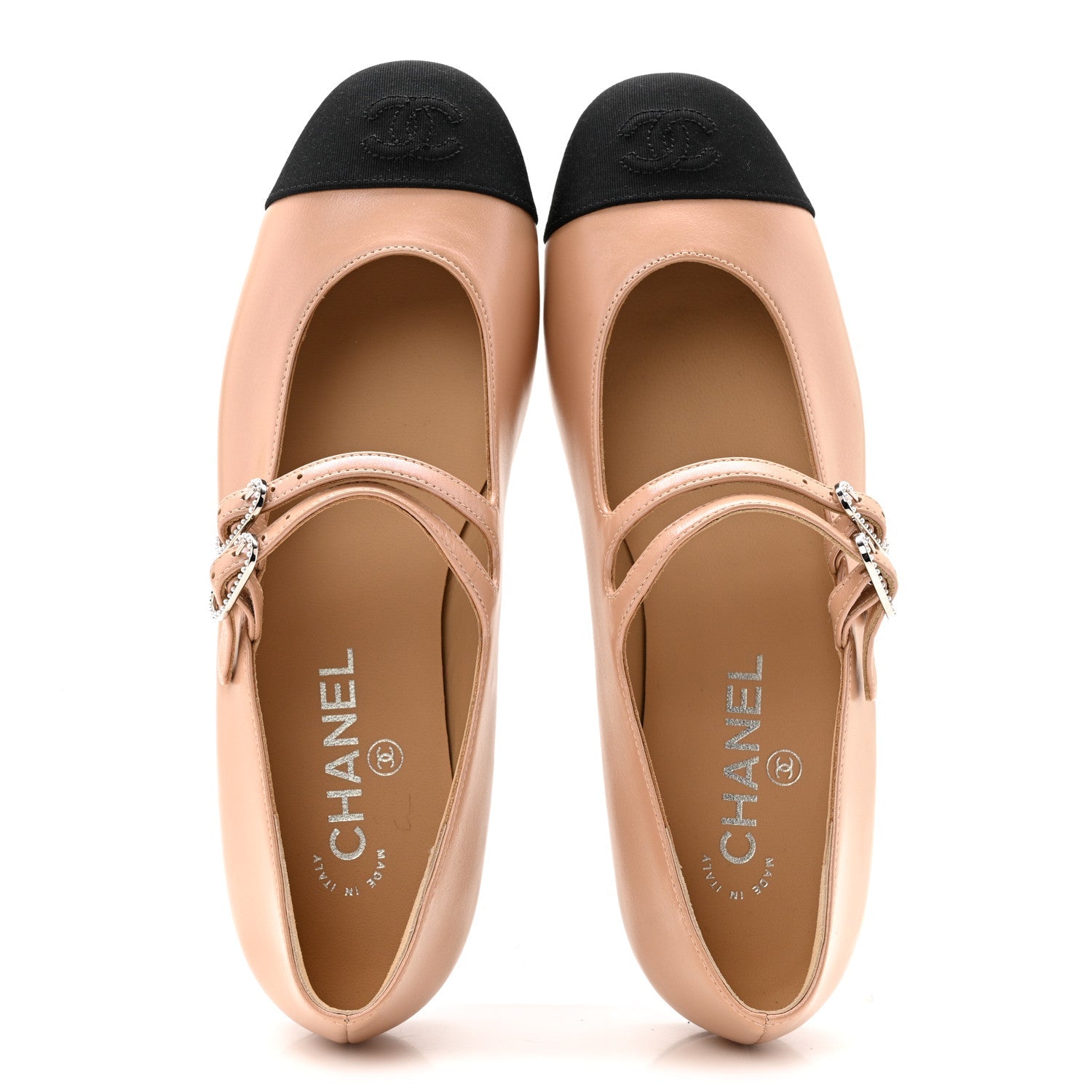 Lambskin Grosgrain Pearl Mary Jane Flats 38.5 Beige Black