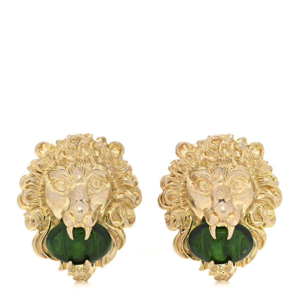 Gucci Crystal Lion Head Clip On Earrings Aged Gold Green