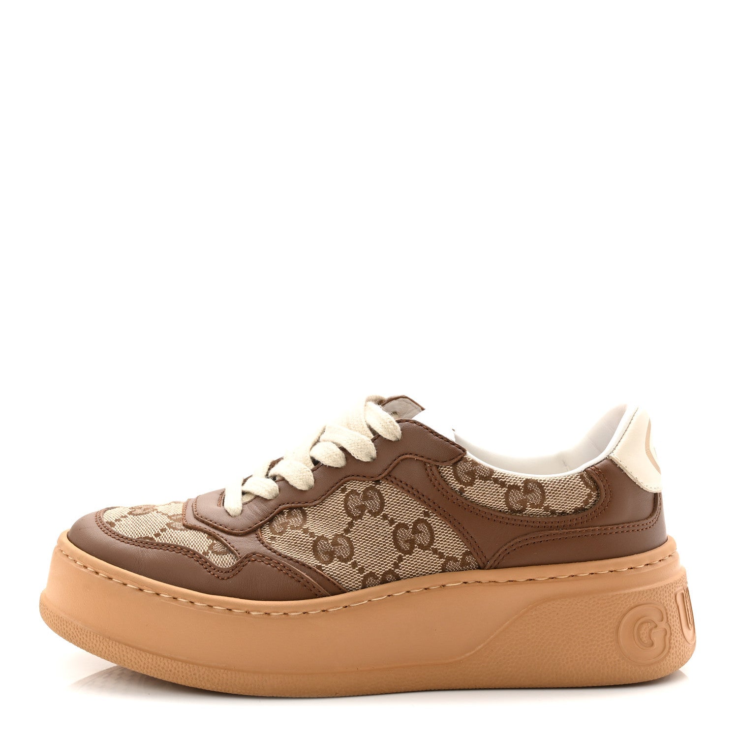 Gucci Calfskin GG Monogram Womens Platform 55mm Sneakers 35.5 Hezelnut Beige Ebony Mystic White