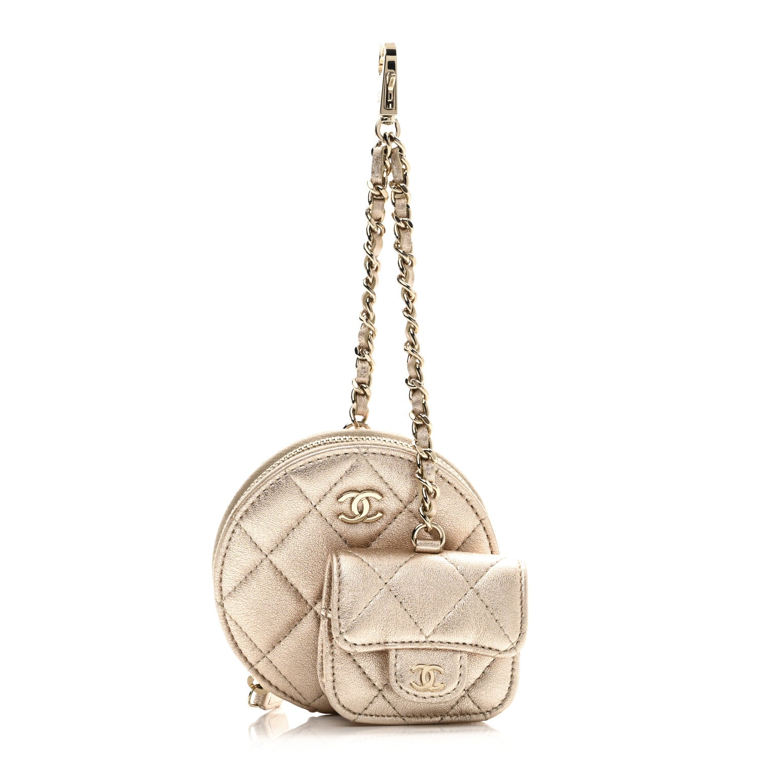 Metallic Lambskin Quilted Round Clip On Coin Purse Airpods Case Gold