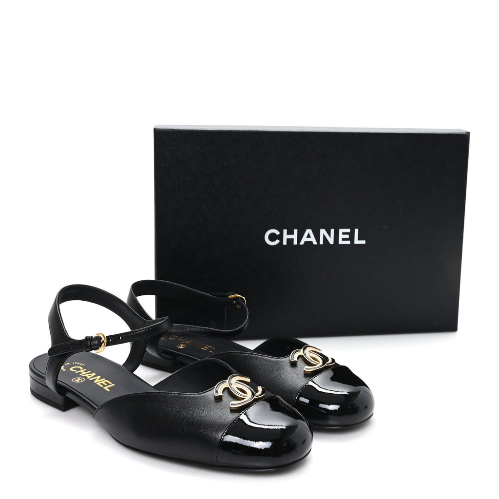 Lambskin Patent Cap Toe Crystal Enamel CC Mary Jane Slingback Flats 39.5 Black