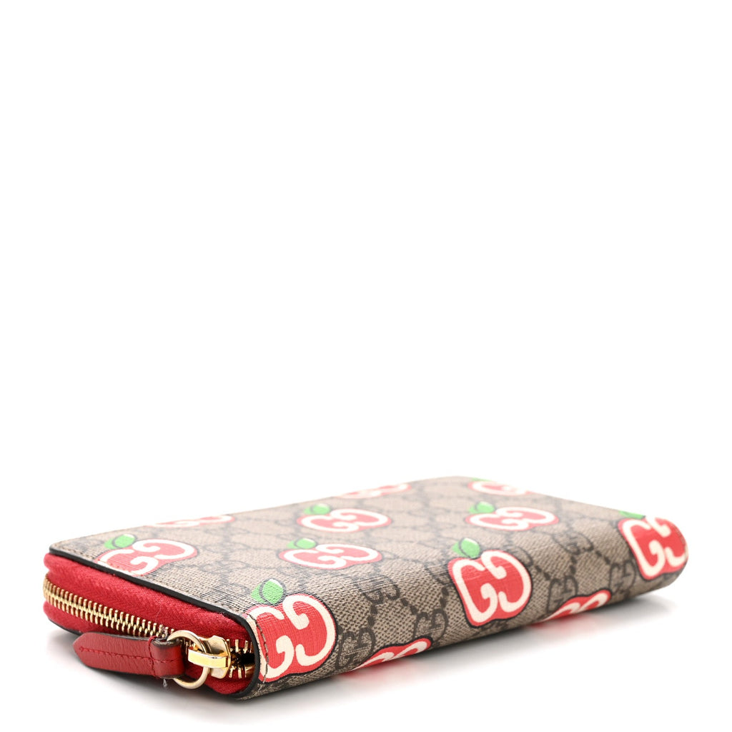 Gucci GG Supreme Monogram Apple Zip Around Wallet Beige Multicolor Lobster Red