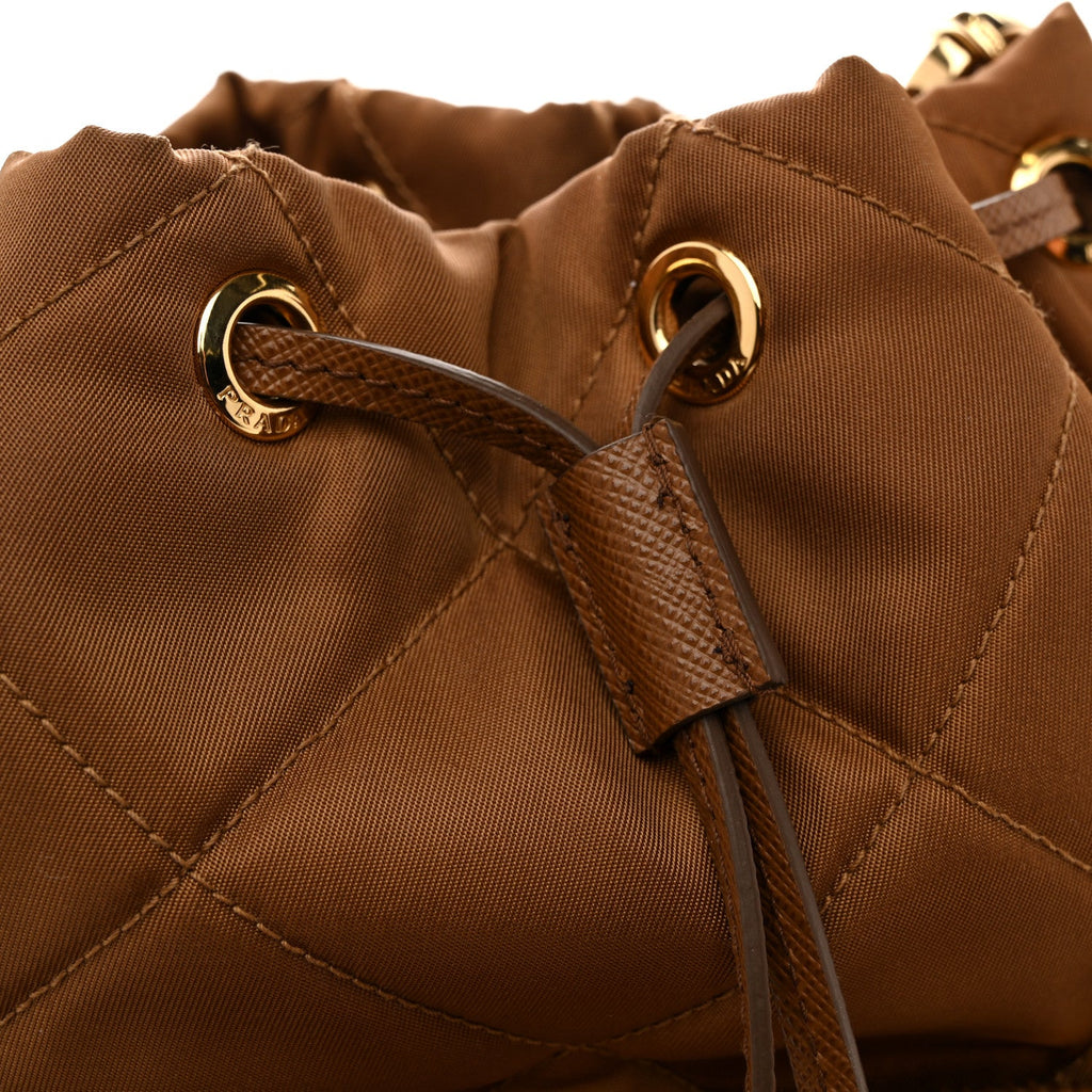 Prada Re-Nylon Saffiano Stitched Re-Edition 1995 Chaine Drawstring Bucket Bag Brandy