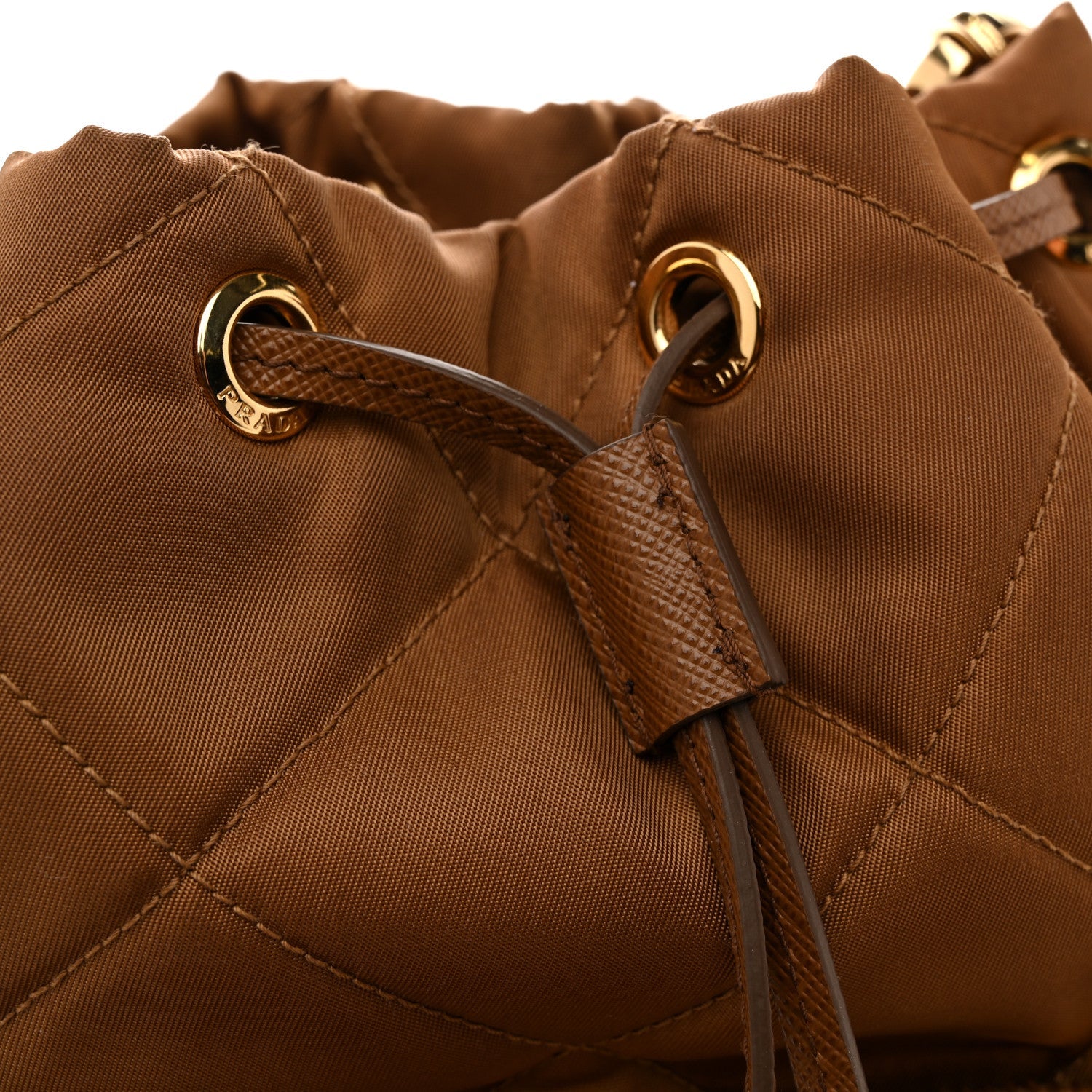 Prada Re-Nylon Saffiano Stitched Re-Edition 1995 Chaine Drawstring Bucket Bag Brandy