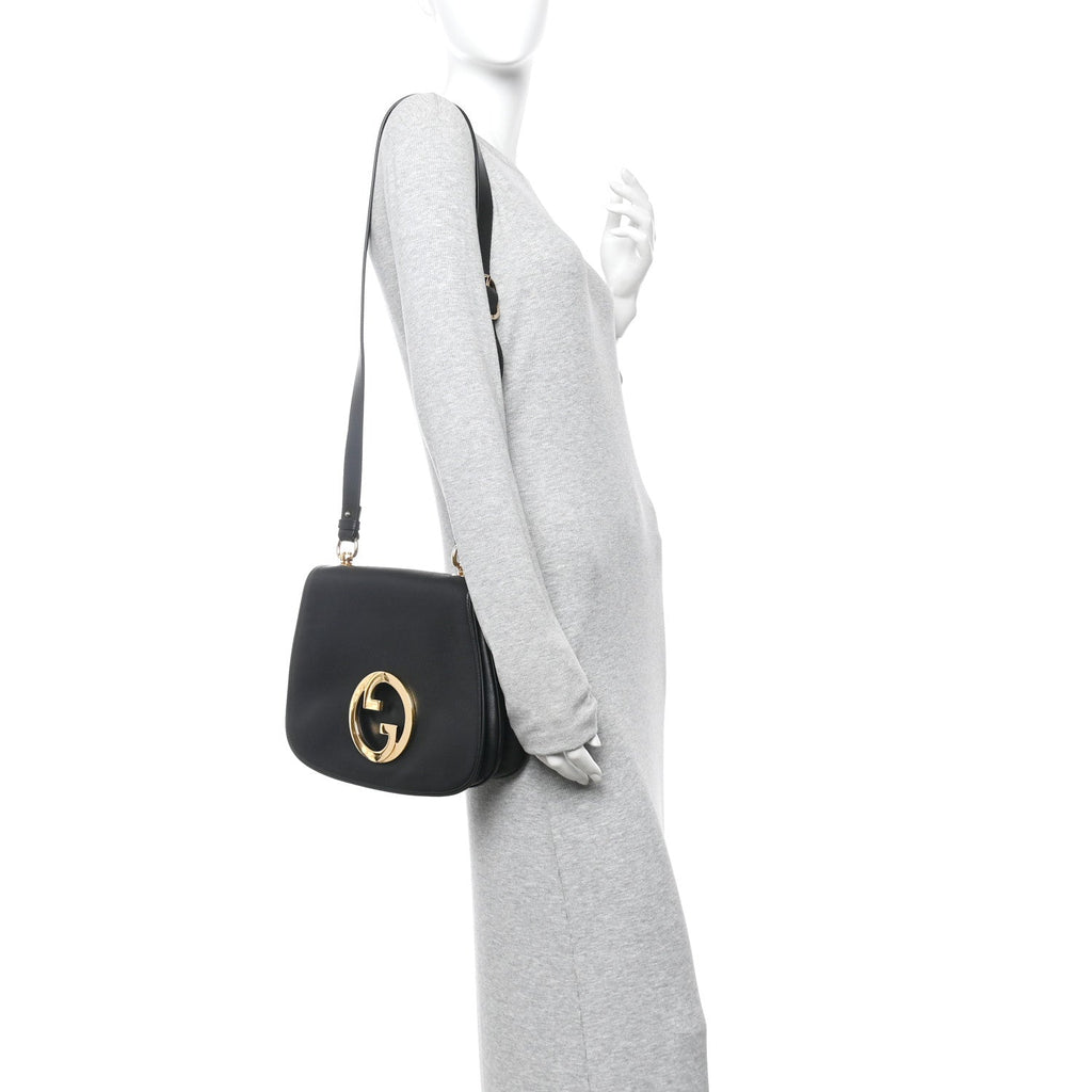 Gucci Roxy Calfskin Web Medium Blondie Top Handle Shoulder Flap Bag Black