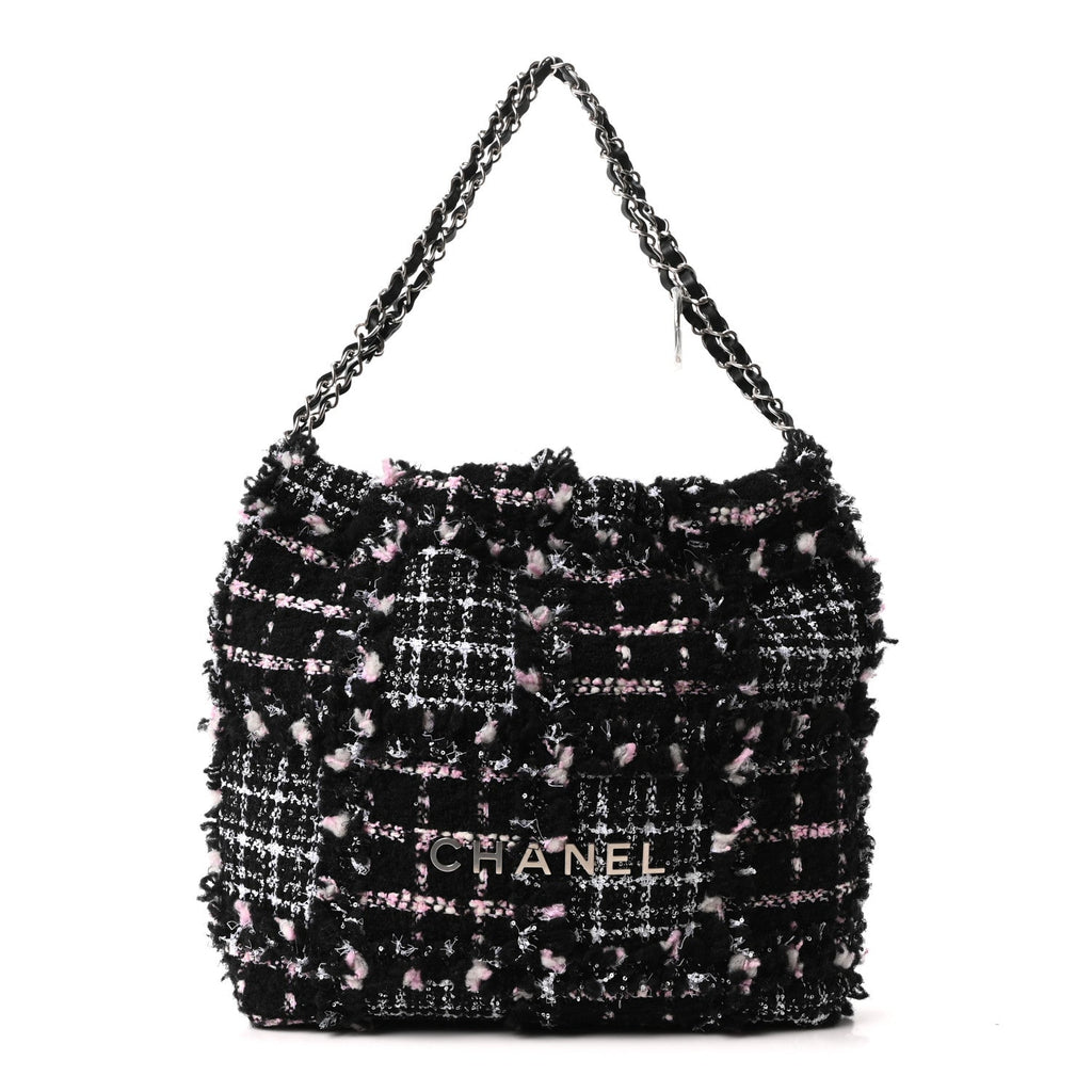 Chanel Tweed Patchwork Quilted Small Chanel 22 Black Pink White