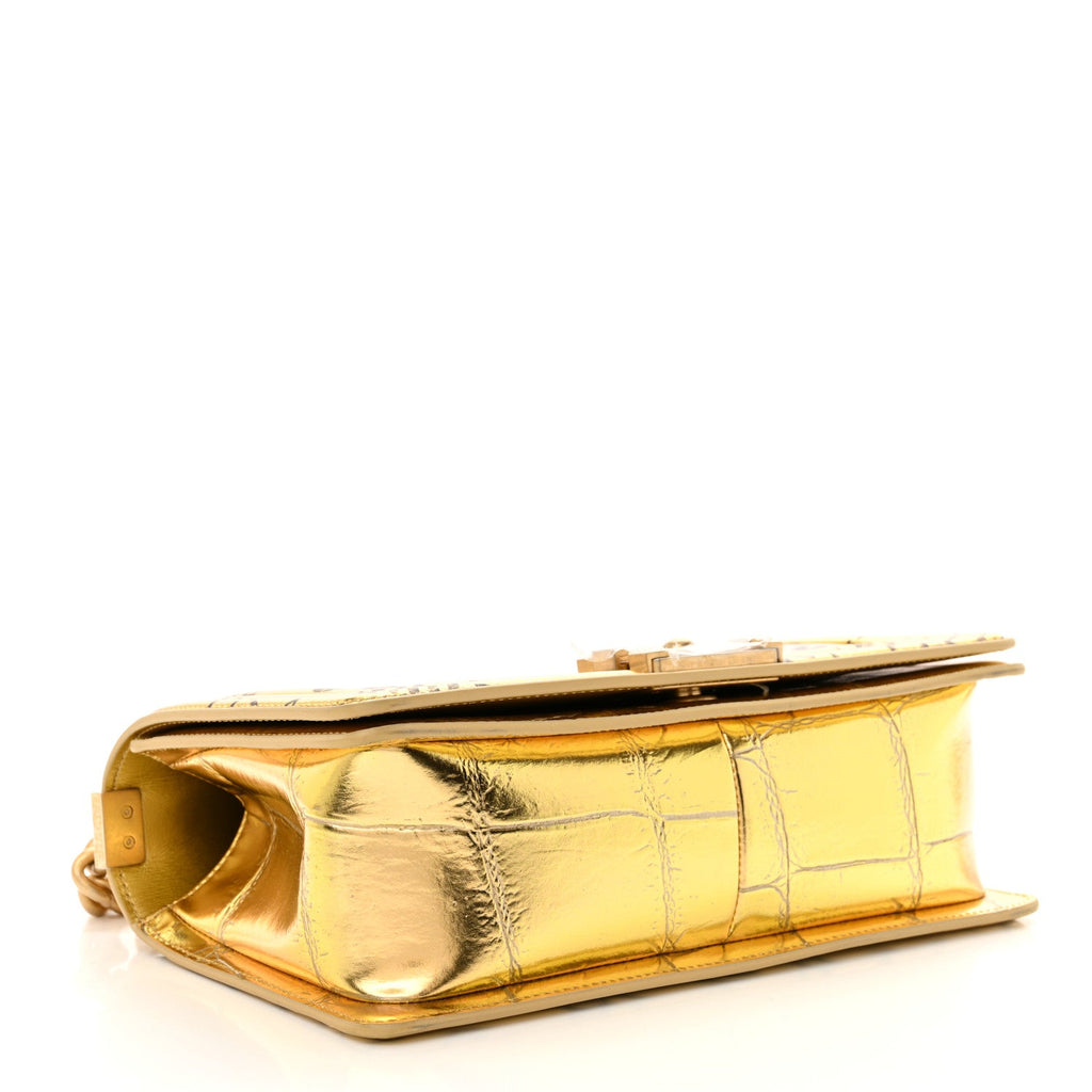 Chanel Metallic Calfskin Crocodile Embossed Graffiti Medium Cocodile Boy Flap Gold