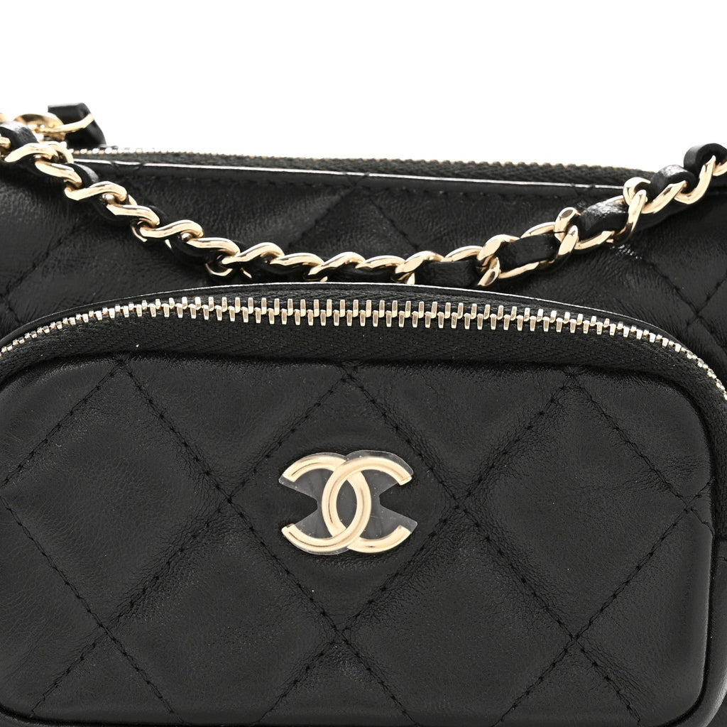 Chanel Shiny Crumpled Lambskin Quilted Mini Clutch With Chain Black