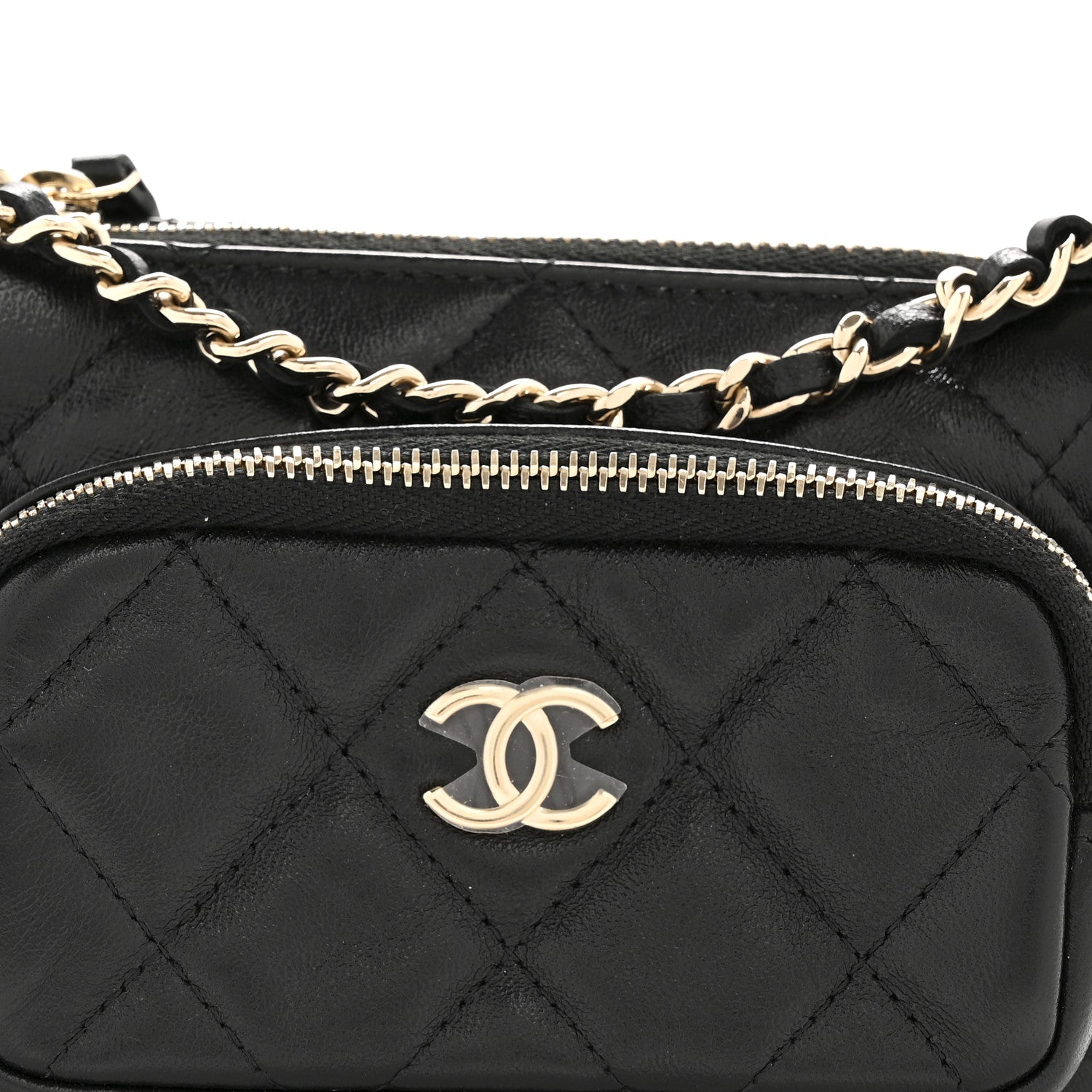 Chanel Shiny Crumpled Lambskin Quilted Mini Clutch With Chain Black