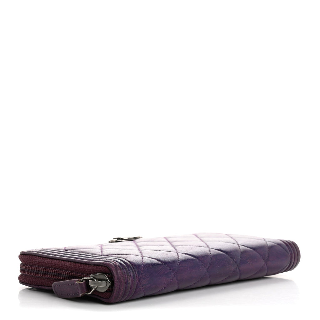 Lambskin Quilted Boy Zip Around Wallet Purple
