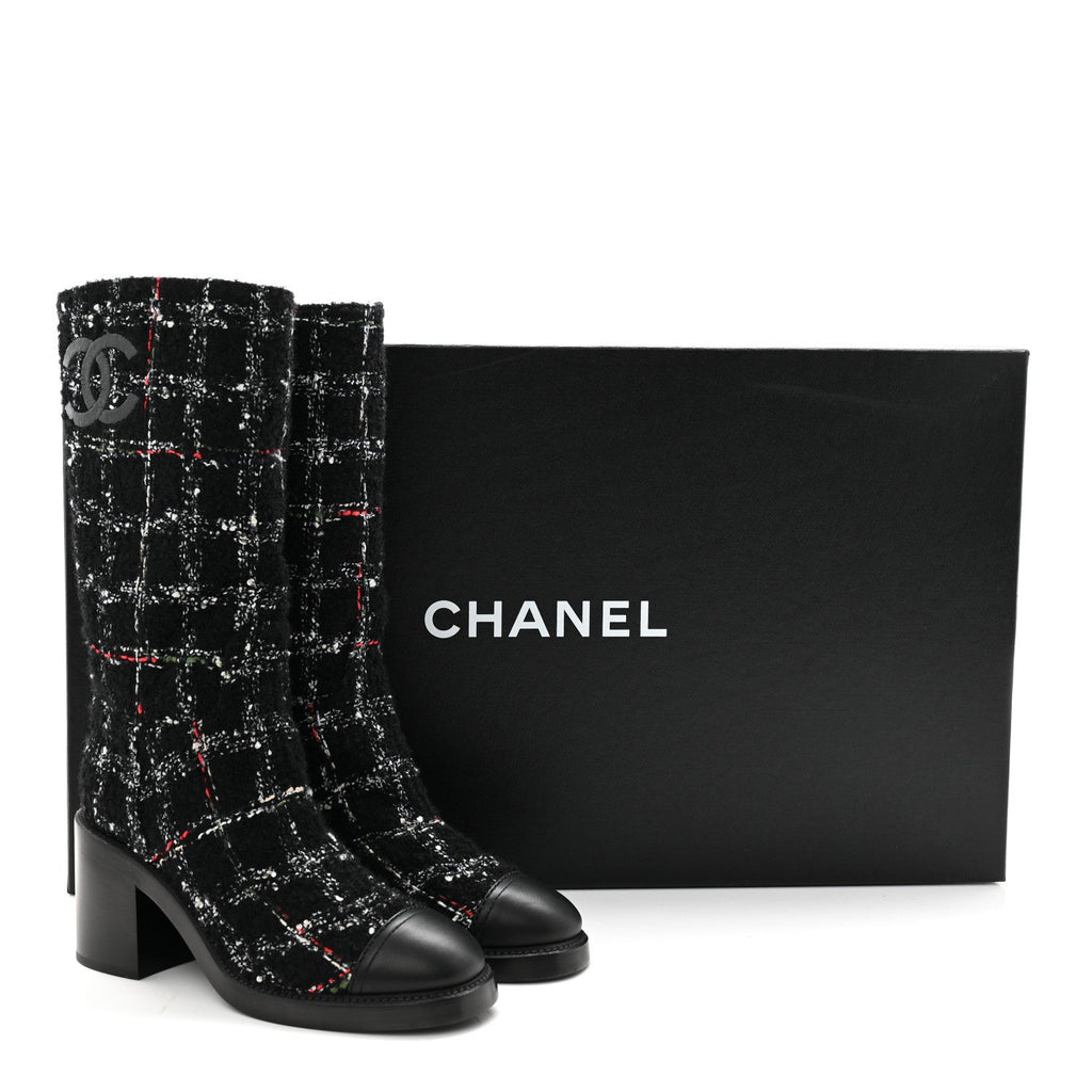 Chanel Wool Tweed Calfskin Cap Toe High Boots 38.5 Black Multicolor