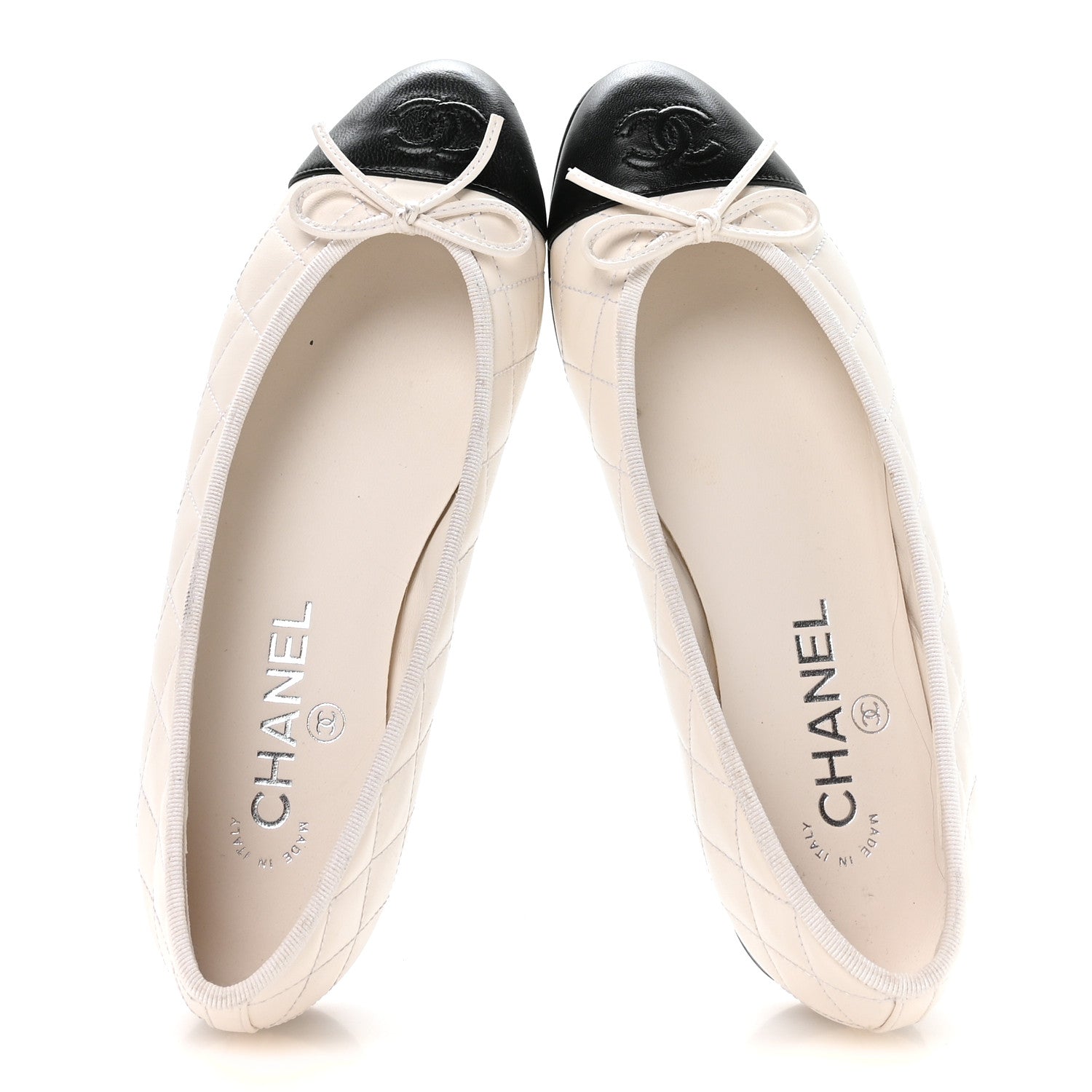 Canvas Lambskin Quilted CC Cap Toe Ballerina Flats 37 White Black