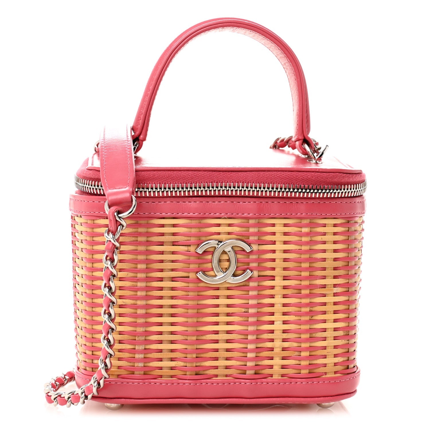 Chanel Calfskin Raffia Small Take Away Vanity Case Bag Pink Beige