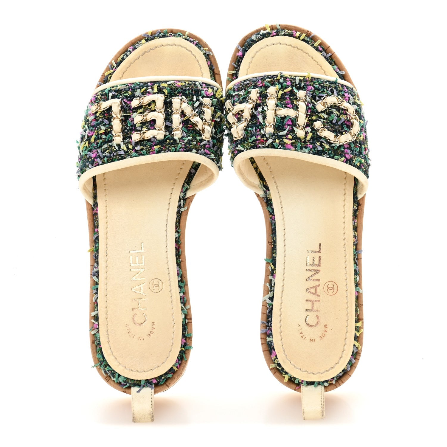 Chanel Tweed Cork CC Chain Mule Sandal 36.5 Green Multicolor