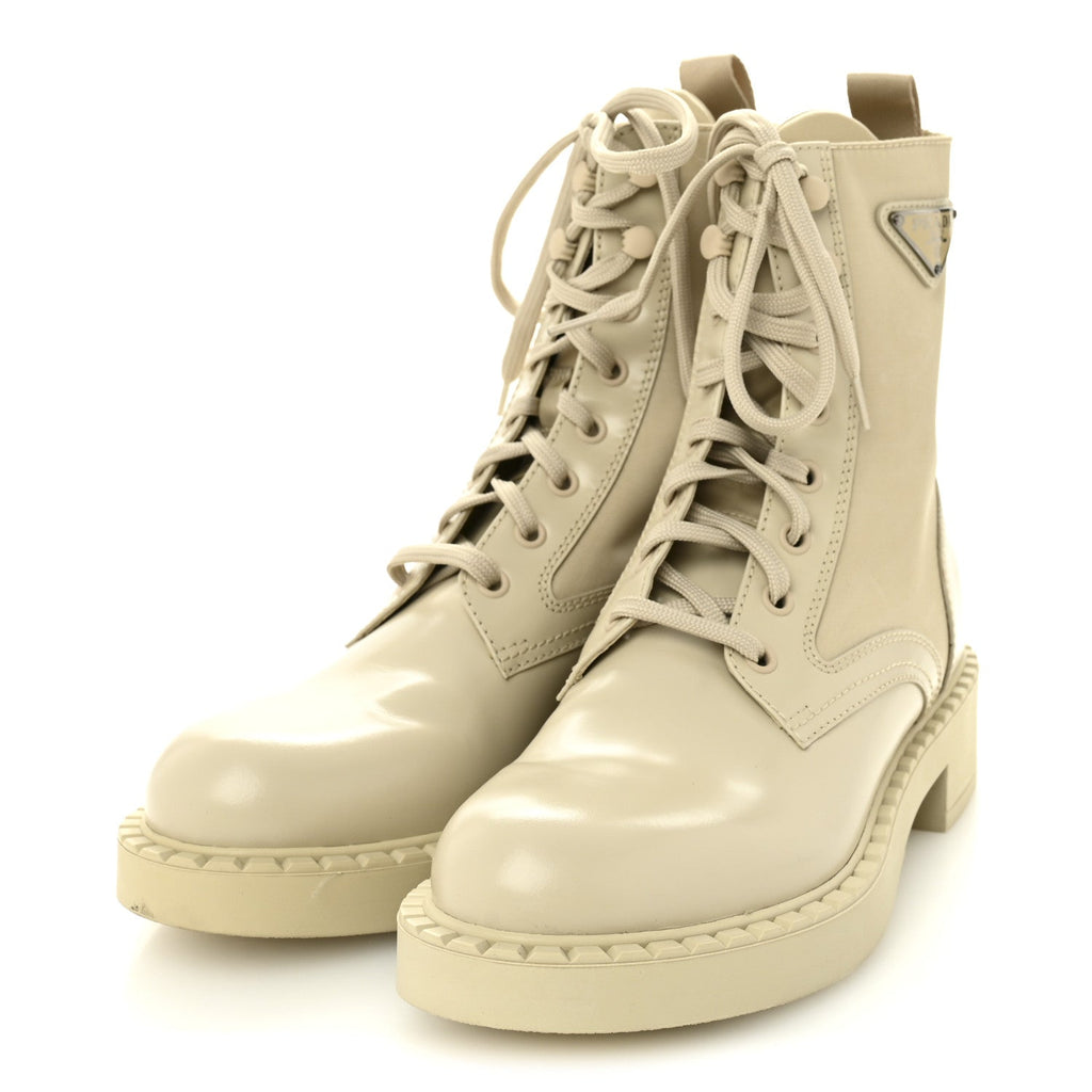 Prada Spazzolato Re-Nylon Metal Triangle Logo Womens 50mm Combat Boots 39 Deserto