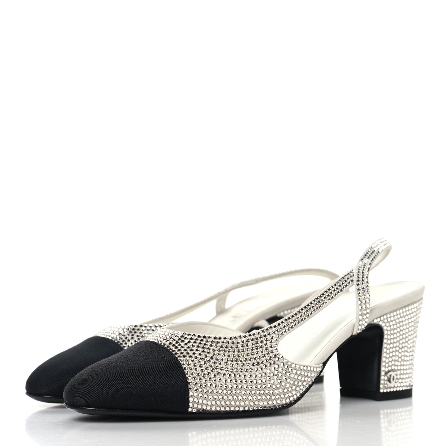 Chanel Strass Grosgrain Cap Toe CC Slingback Pumps 36 Silver Black