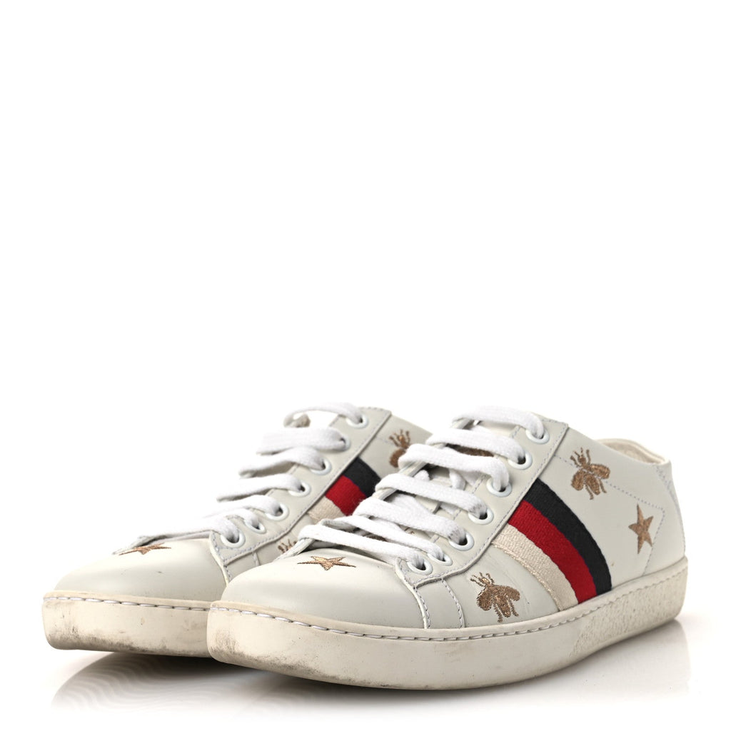 Gucci Calfskin Bee Star Embroidered Sylvie Web Ace Sneakers 35.5 White