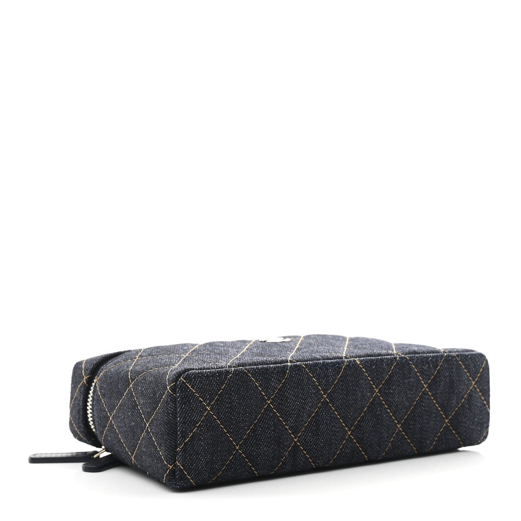 Chanel Denim Quilted Top Handle Slim Vanity Case With Chain Dark Blue Orange
