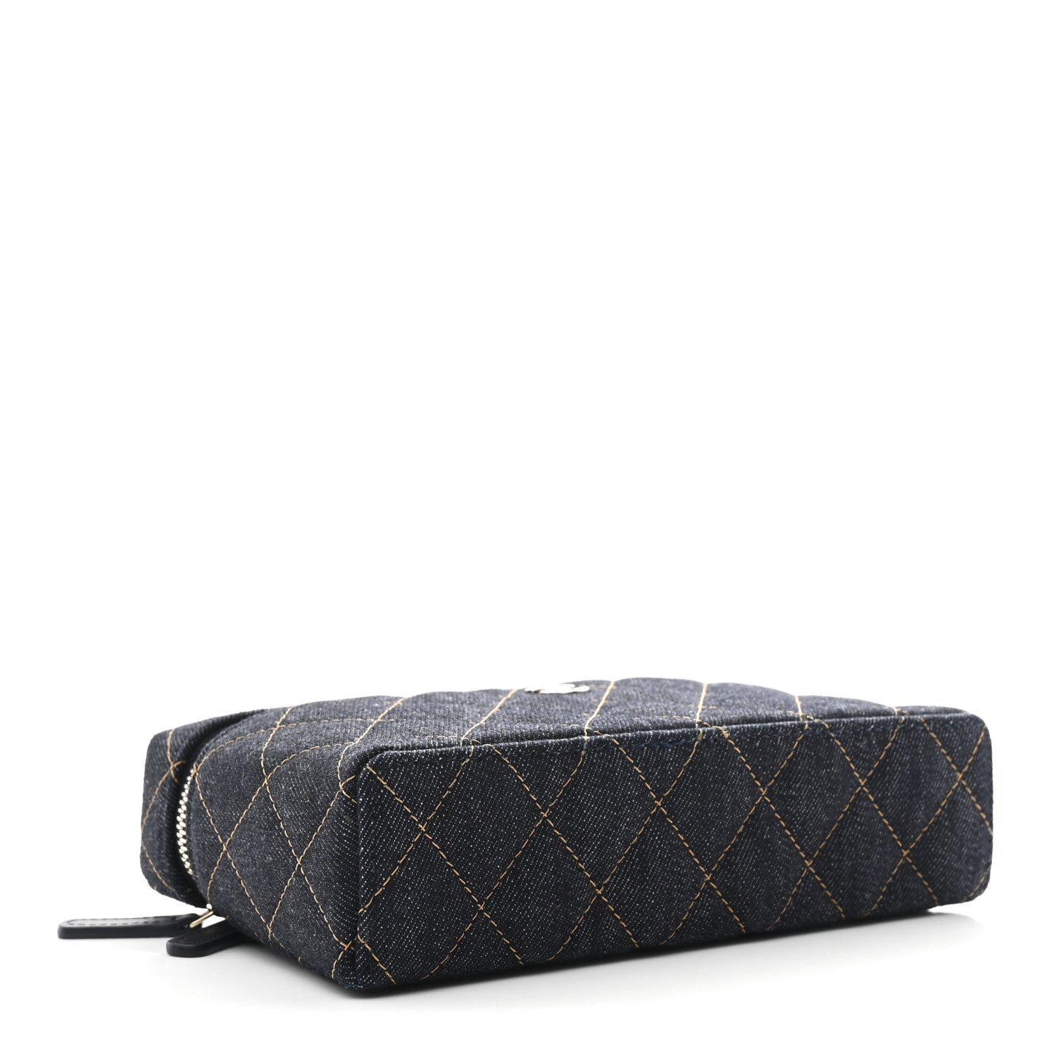 Chanel Denim Quilted Top Handle Slim Vanity Case With Chain Dark Blue Orange